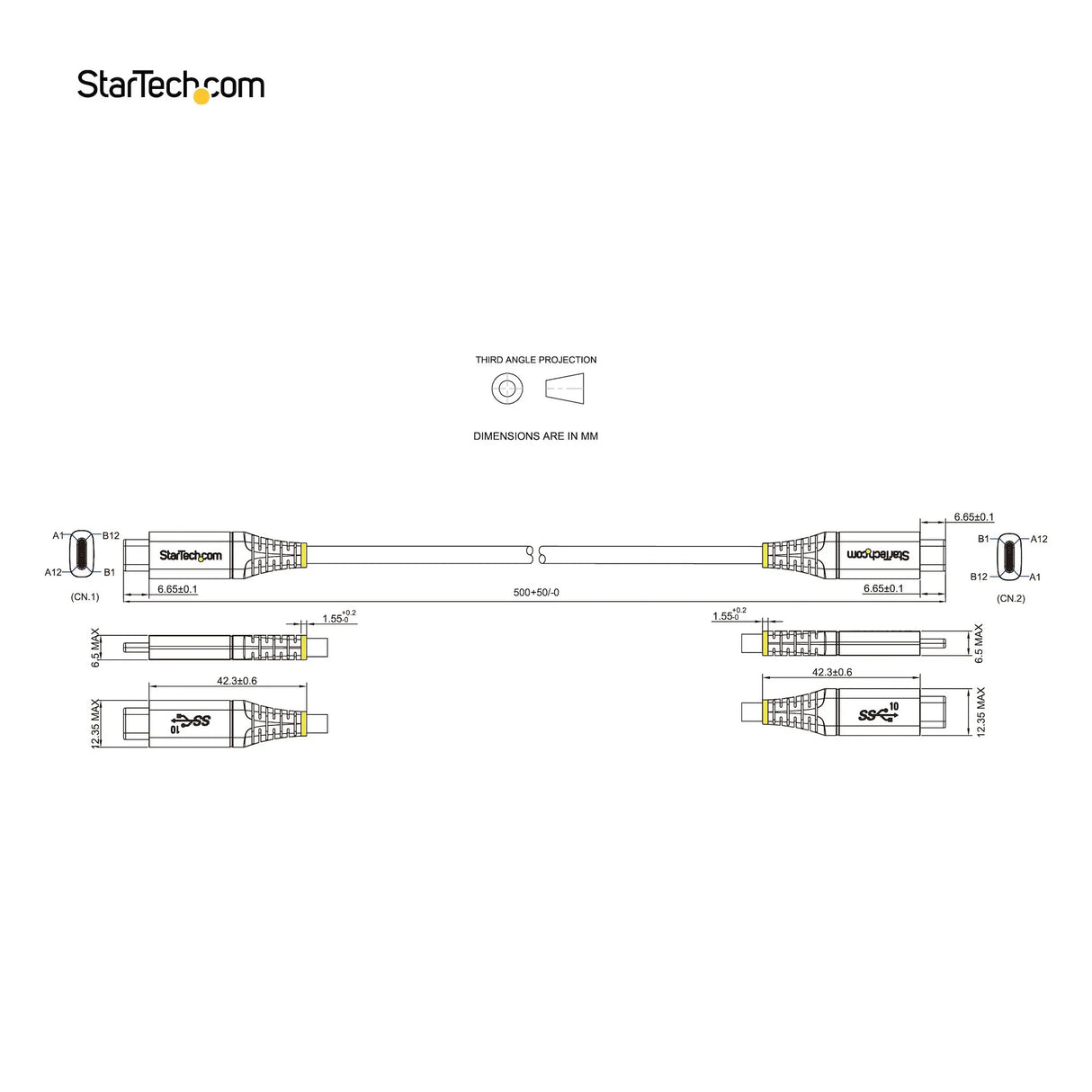 STARTECH 20" (50cm) USB C Cable 10Gbps - USB 3.2 Gen 2 Type-C Cable - 100W (5A) Power Delivery Charging | DP Alt Mode - USB-C Cord for USB-C Laptop|Phone|Device - Charge|Sync (USB31CCV50CM) (USB31CCV50CM)