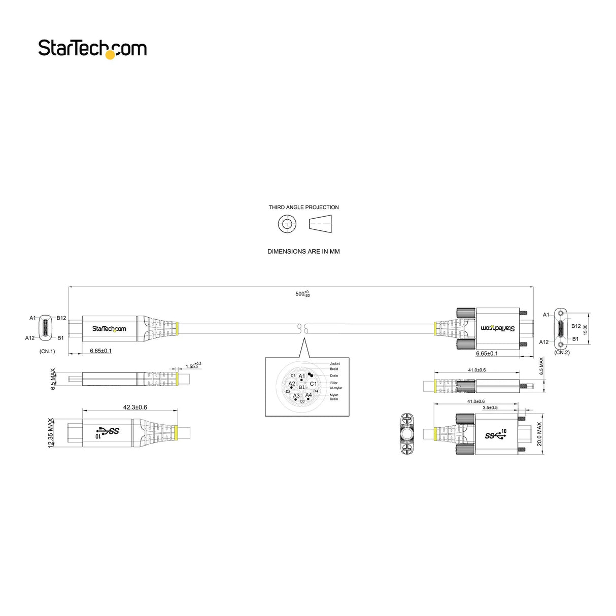 STARTECH 20" (50cm) Side Screw Locking USB C Cable 10Gbps - USB 3.2 Gen 2 Type-C Cable - 100W (5A) Power Delivery Charging | DP Alt Mode - Dual Screw Lock - USB-C Cord Charge|Sync (USB31CCSLKV50CM) (USB31CCSLKV50CM)