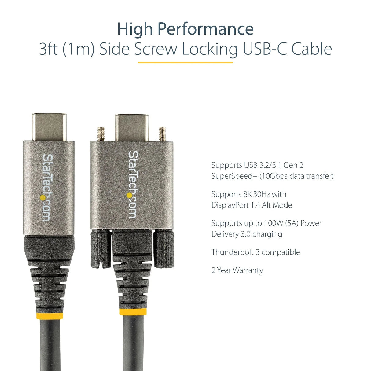 STARTECH 20" (50cm) Side Screw Locking USB C Cable 10Gbps - USB 3.2 Gen 2 Type-C Cable - 100W (5A) Power Delivery Charging | DP Alt Mode - Dual Screw Lock - USB-C Cord Charge|Sync (USB31CCSLKV50CM) (USB31CCSLKV50CM)