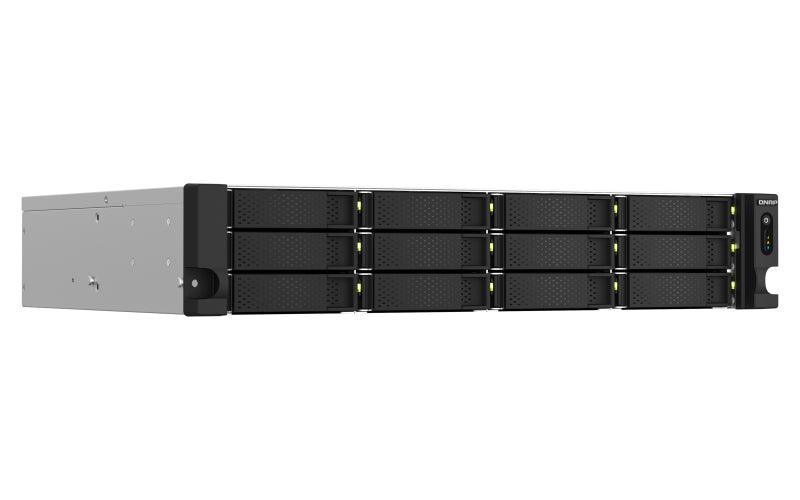 QNAP 12 x 3.5" | Intel Celeron N5105|N5095 | 4 GB SO-DIMM DDR4 | 4 GB Flash | 2 x 300 W | 100-240 V | 9.43 kg (TS-1264U-RP-8G)