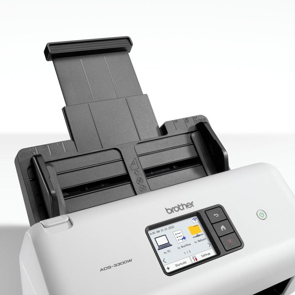 BROTHER Dual CIS | Dissplay | A4 | 355.6x215.9 mm | 1 |200 dpi | 40 ppm | 484-bit | paper\plastic cards | 256 levels(8 bit) | Wi-Fi 2.4GHz | USB 3 | 299x215x190 mm | 2.6kg (ADS-3300W)