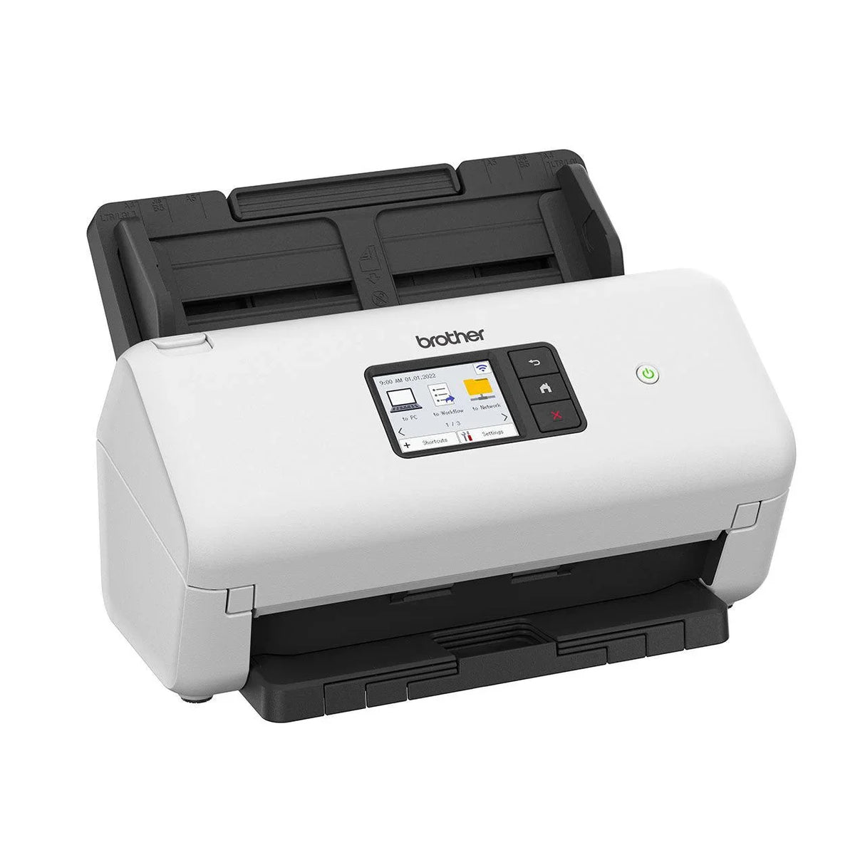 BROTHER Dual CIS | Dissplay | A4 | 355.6x215.9 mm | 1 |200 dpi | 40 ppm | 484-bit | paper\plastic cards | 256 levels(8 bit) | Wi-Fi 2.4GHz | USB 3 | 299x215x190 mm | 2.6kg (ADS-3300W)