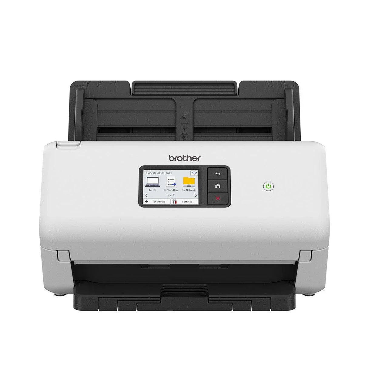 BROTHER Dual CIS | Dissplay | A4 | 355.6x215.9 mm | 1 |200 dpi | 40 ppm | 484-bit | paper\plastic cards | 256 levels(8 bit) | Wi-Fi 2.4GHz | USB 3 | 299x215x190 mm | 2.6kg (ADS-3300W)