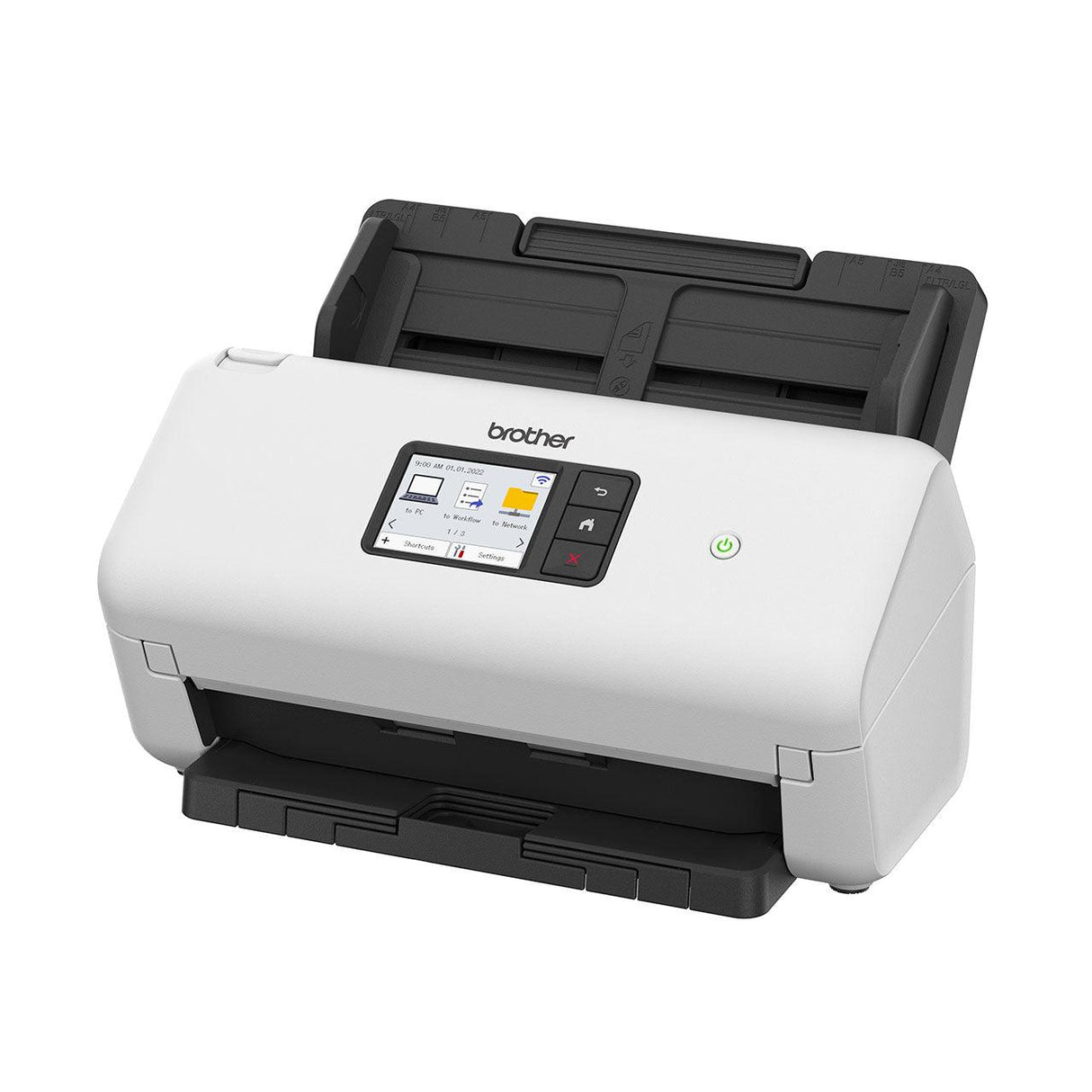 BROTHER Dual CIS | Dissplay | A4 | 355.6x215.9 mm | 1 |200 dpi | 40 ppm | 484-bit | paper\plastic cards | 256 levels(8 bit) | Wi-Fi 2.4GHz | USB 3 | 299x215x190 mm | 2.6kg (ADS-3300W)