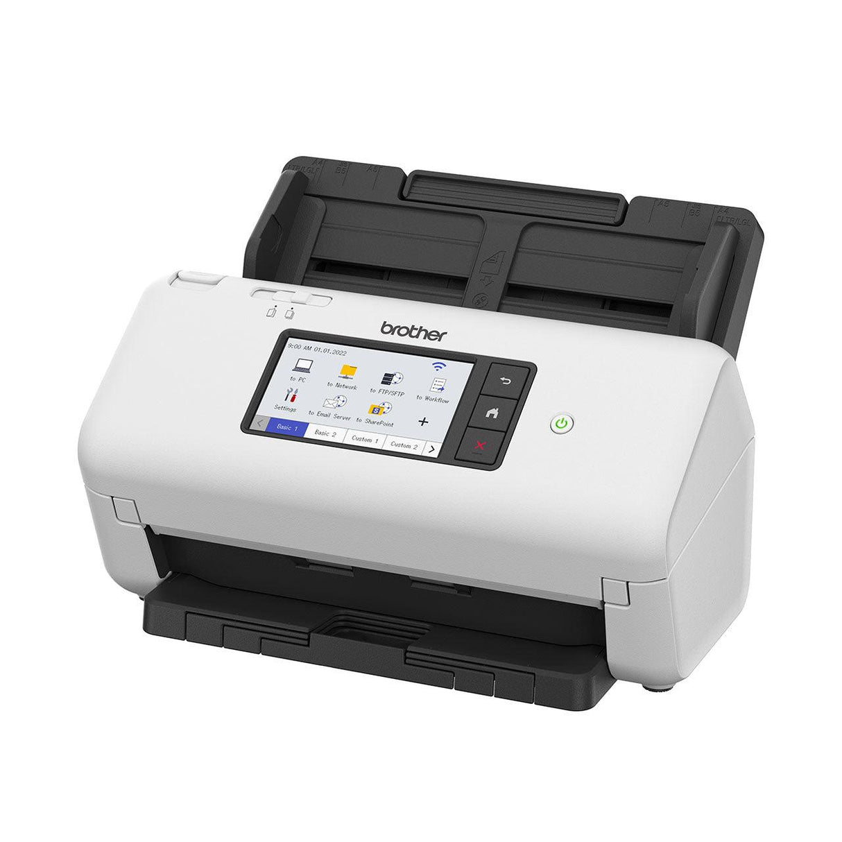BROTHER Dual CIS | Dissplay 4.3" | A4 | 355.6x215.9 mm | 1 |200 dpi | 40 ppm | 484-bit | paper\plastic cards | 256 levels(8 bit) | Wi-Fi 2.4GHz | USB 3 | 299.5x215.9x190.5 mm | 2.75kg (ADS-4700W)