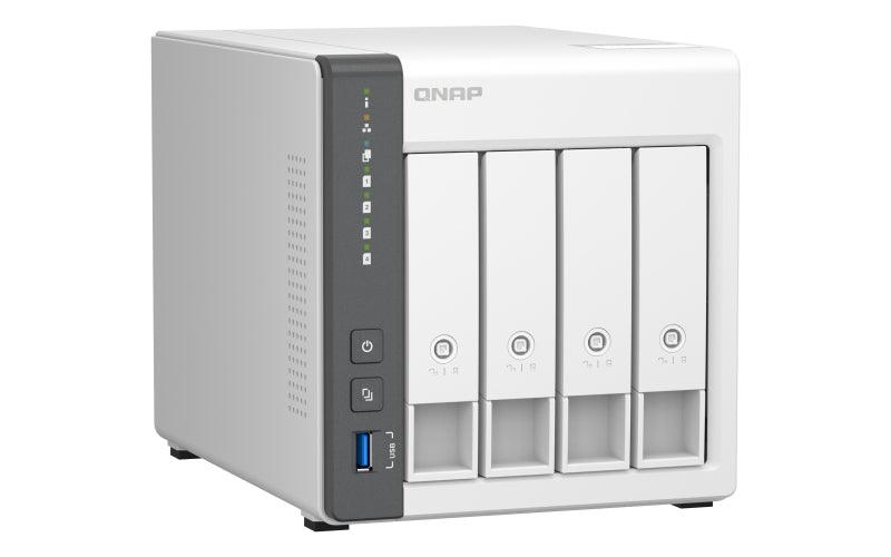 QNAP 4 x 3.5" | ARM 4-core Cortex-A55 | 4 GB RAM | 4 GB Flash | 90 W | 100-240 V | 2.07 kg (TS-433-4G)