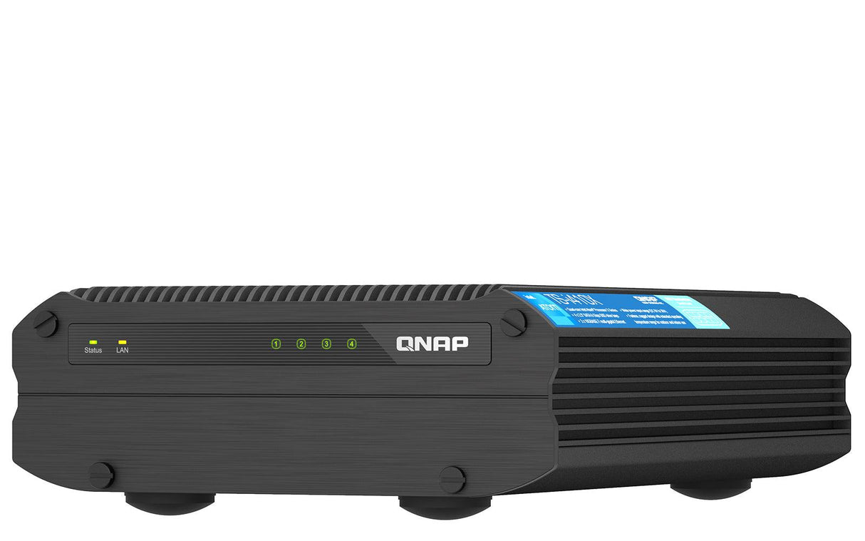 QNAP 4 x 2.5" | Intel Atom x6425E | Intel UHD Graphics | 8 GB RAM | 4 GB Flash | 90W 100-240V | 65x180x254 mm | 2.54 kg (TS-I410X-8G)
