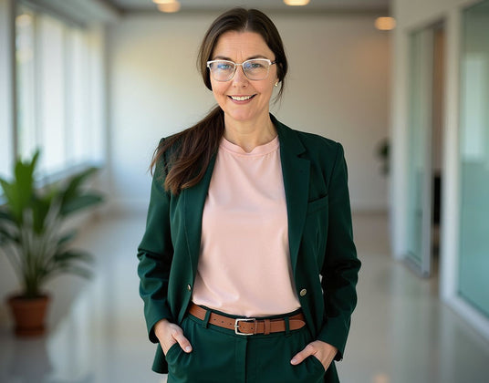 Professional woman in a green suit standing in a bright modern office, representing TechForGood’s female-led leadership and commitment to integrity, inclusion, sustainability, and connection.