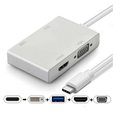 8WARE 4-in-1 Hub USB C to HDMI DVI VGA Adapter with USB 3.1 Gen 1 Port for Mac Book Pro 2018 Chromebook Pixel XPS Surface Go and More 8WARE
