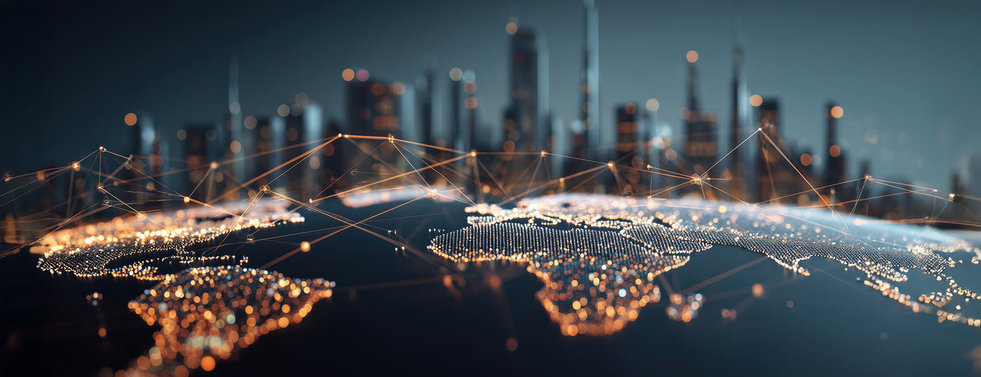 Abstract digital world map overlaid with glowing data connections representing global connectivity and human networks.