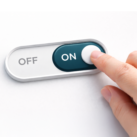 Hand pressing a switch labeled 'ON' with 'OFF' on a white background