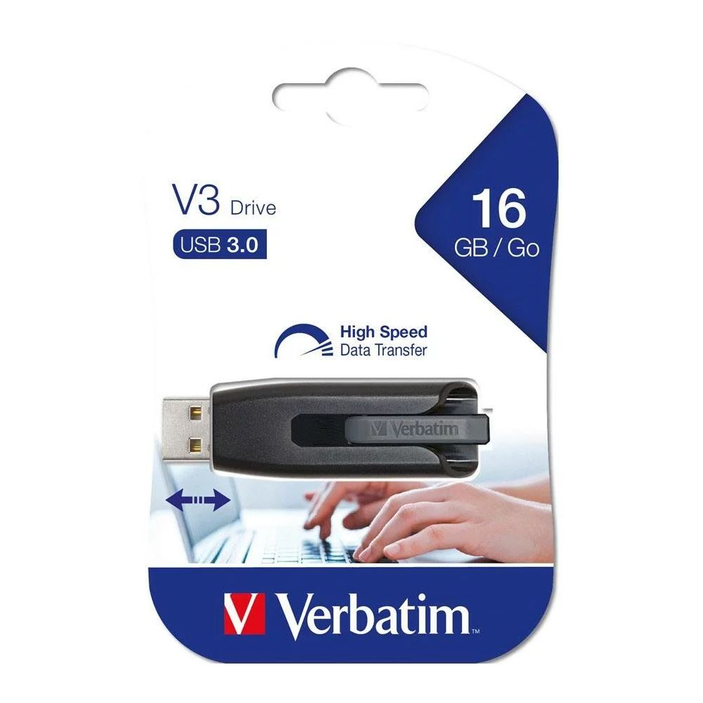 VERBATIM 16GB V3 USB3.0 Grey Store'n'Go V3; Retractable USB Storage Drive Memory Stick (LS)