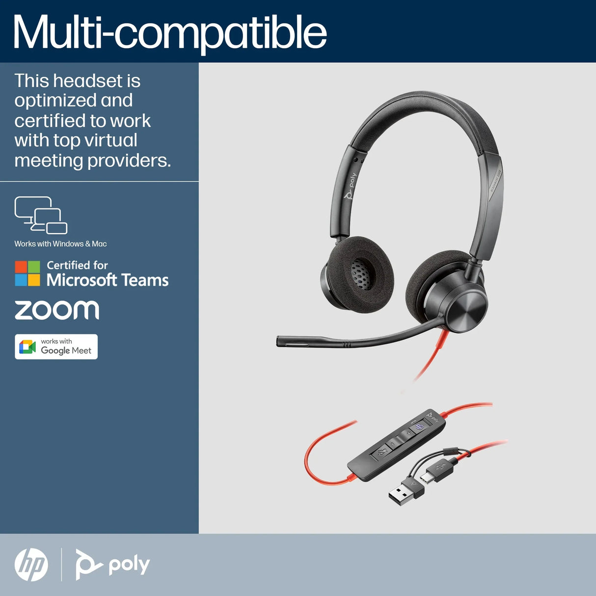 POLY Blackwire 3320 – Wired (USB-A) / Stereo / MS Teams Certified – On-Ear Headset