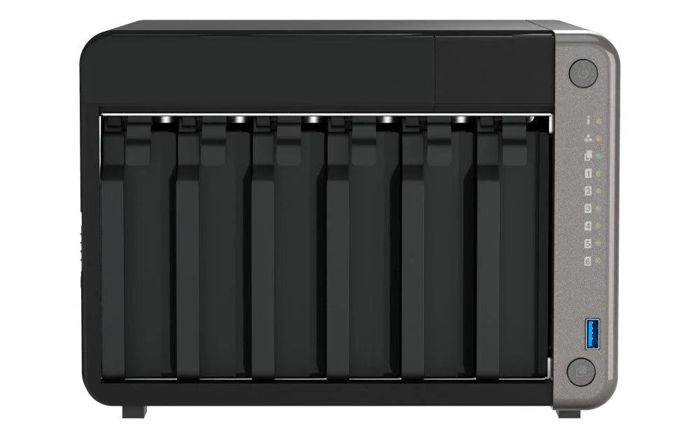 QNAP 8-C ARM Cortex 64-bit | 8 GB RAM | 4 GB Flash | ARM Mali-G610 MC4 | 6 x 3.5" SATA 6Gb|s | 120W | 171 x 235 x 226 mm (TS-AI642-8G)