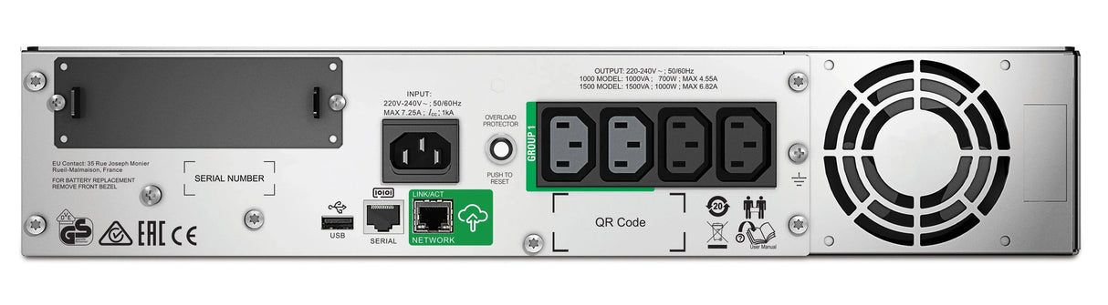 APC 1000 W | 1.5 kVA | 230V | 50|60Hz | 2x IEC Jumpers | 4x IEC 320 C13 | RJ-45 | SmartSlot | USB | 2U | 432x477x86 mm (SMT1500RMI2UC)