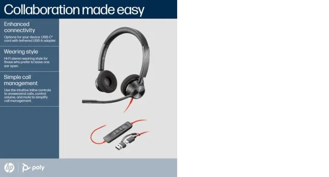 POLY Blackwire 3320 – Wired (USB-A) / Stereo / MS Teams Certified – On-Ear Headset