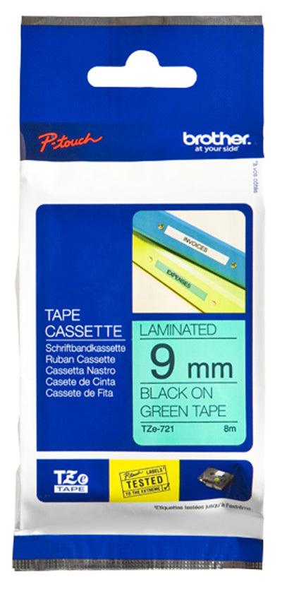 BROTHER 9mm Black on Green Laminated Tape - 8m (TZE-721)