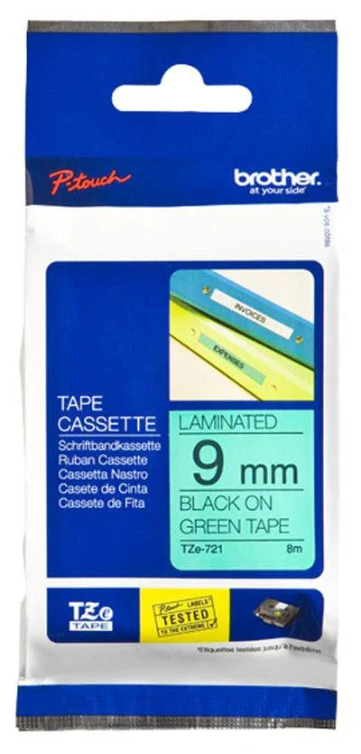 BROTHER 9mm Black on Green Laminated Tape - 8m (TZE-721)