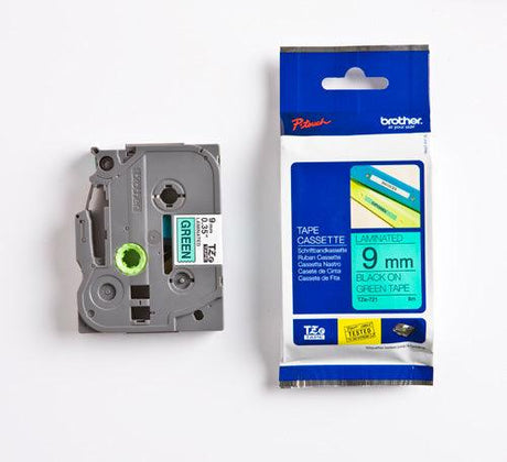 BROTHER 9mm Black on Green Laminated Tape - 8m (TZE-721)