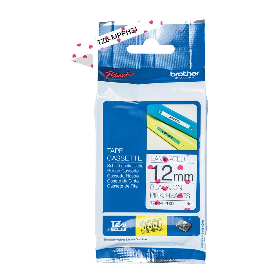 BROTHER Genuine Labelling Tape Cassette | Black on Pink Hearts | 12mm wide (TZE-MPPH31)