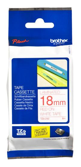 BROTHER Red on White Laminated Tape 18mm x 8m (TZE-242)