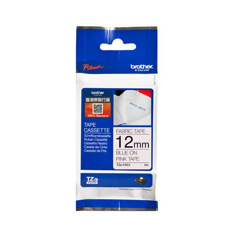 BROTHER TZE-FAE3 Blue on Pink Fabric (12mm) (TZE-FAE3)