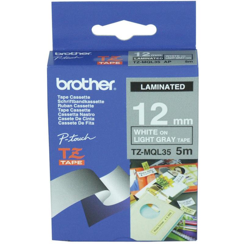BROTHER TZe-MQL35 - 12 mm white on light grey tape | 5m (TZE-MQL35)