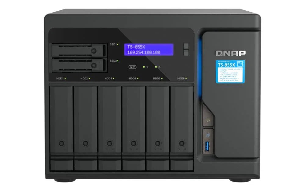 QNAP Intel Atom C5125 2.8 GHz | 8 GB UDIMM DDR4 | 5GB Flash | 6 x 3.5" + 2 x 2.5" | 2 x M.2 | 2 x 2.5Gb | 1 x 10 Gb | USB | 8.5 kg (TS-855X-8G)