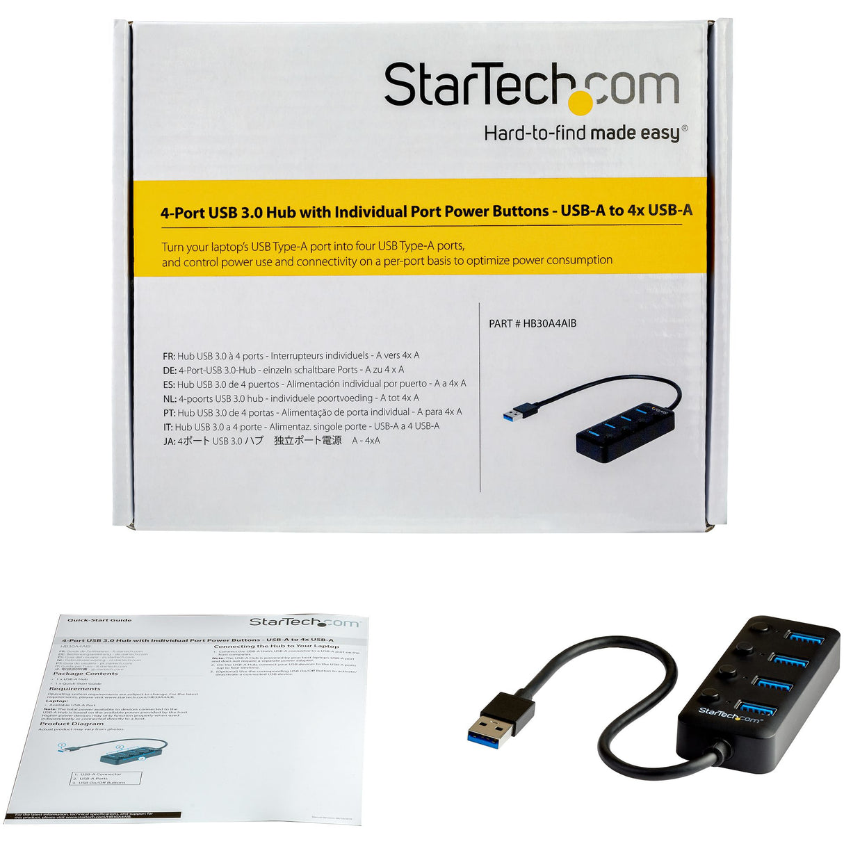 STARTECH 4 Port USB 3.0 Hub - USB-A to 4x USB 3.0 Type-A with Individual On|Off Port Switches - SuperSpeed 5Gbps USB 3.1|3.2 Gen 1 - USB Bus Powered - Portable - 9.8" Attached Cable (HB30A4AIB) (HB30A4AIB)