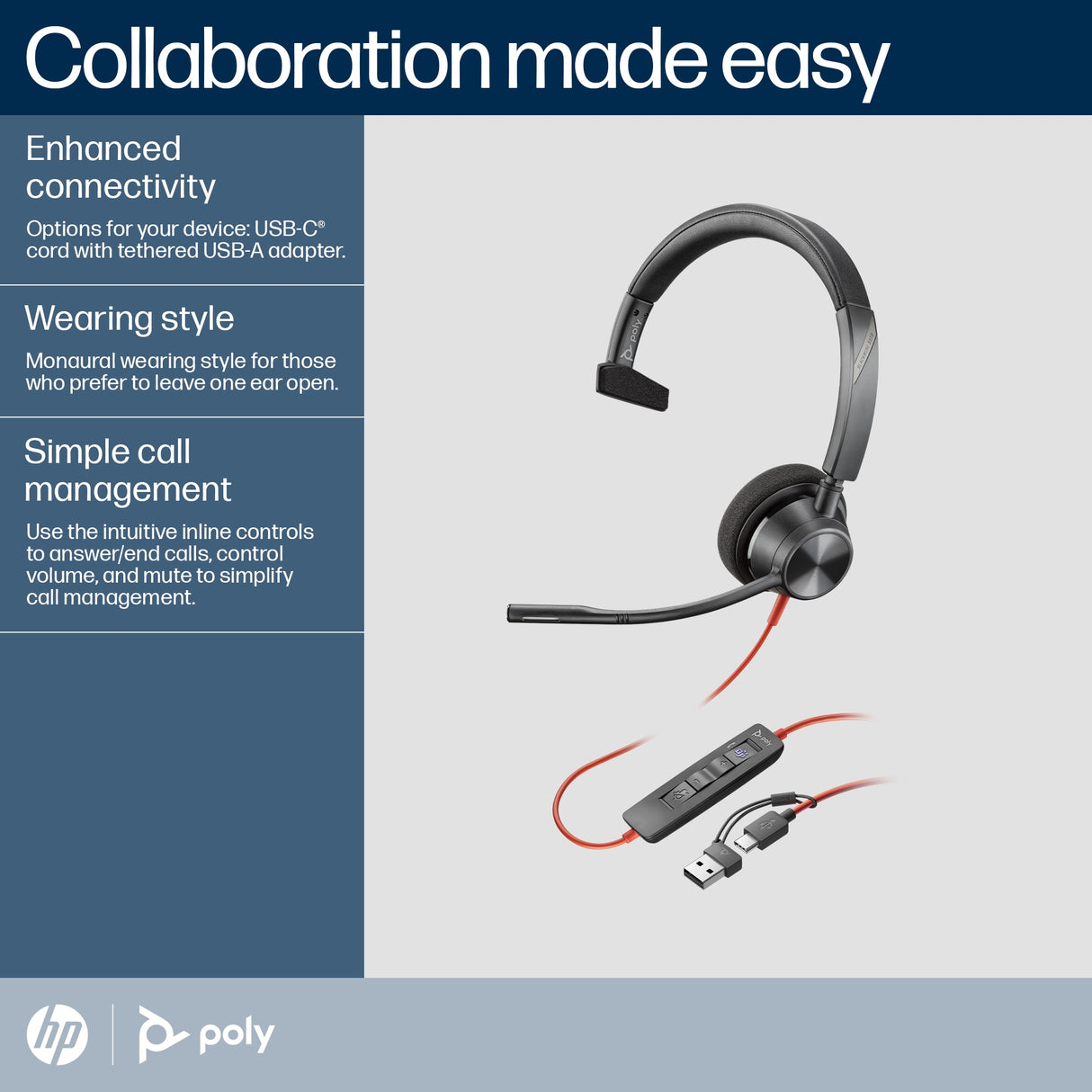 POLY Blackwire 3310 Monaural USB-C Headset