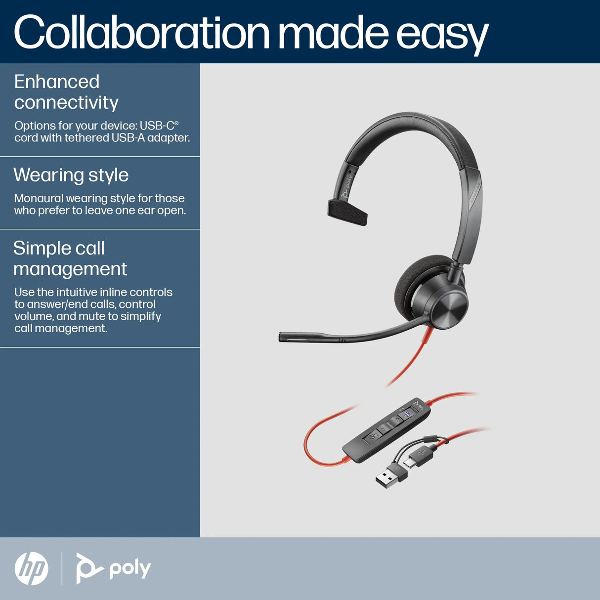 POLY Blackwire 3310 – Wired (USB-C) / Mono / Office – Head-band Headset