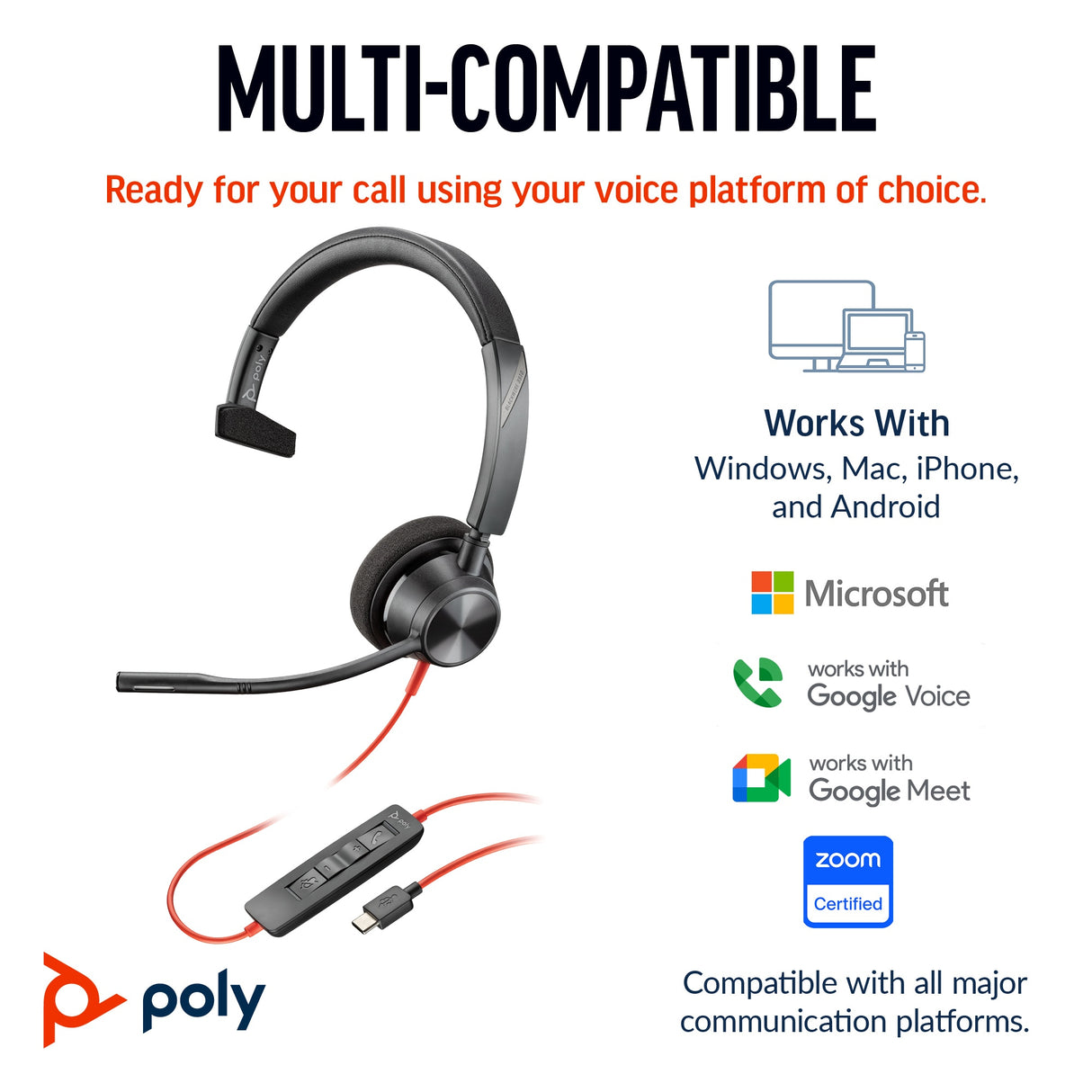 POLY Blackwire 3310 Wired On-ear Mono Headset