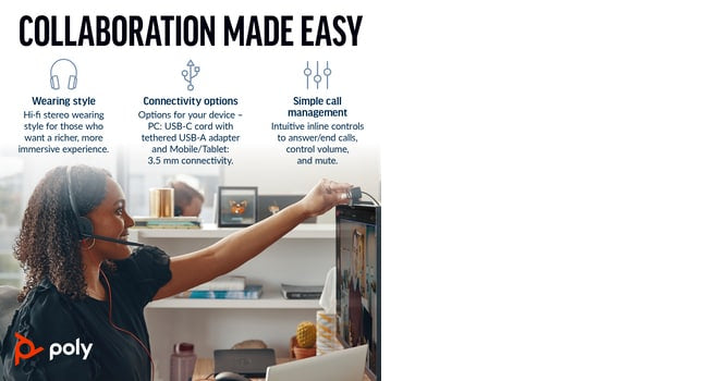 POLY Blackwire 3225 Wired On-ear Stereo Headset