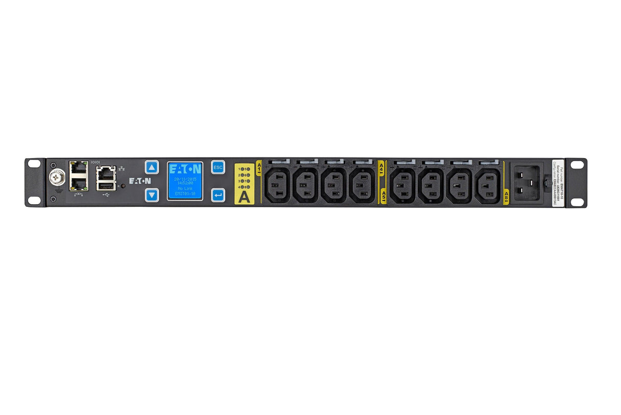 EATON PDU | 1U | C20 input | 3.84 kW max | 200-240V | 16A | 10 ft cord | Single-phase | Outlets: (8) C13 Outlet grip (EMAT10-10)