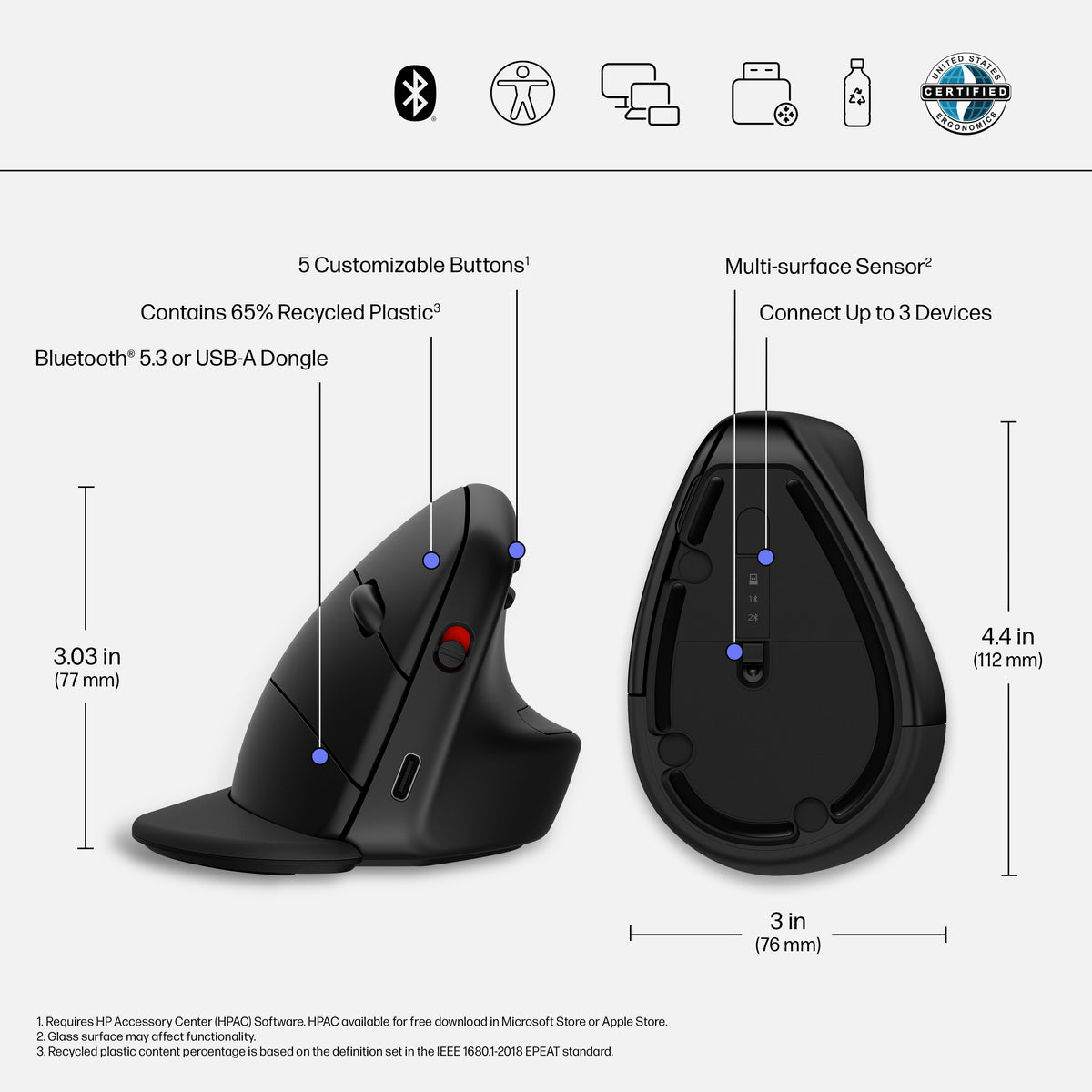 HP 920 – Wireless 2.4GHz / 1200 DPI / Ergonomic – Office Vertical Mouse