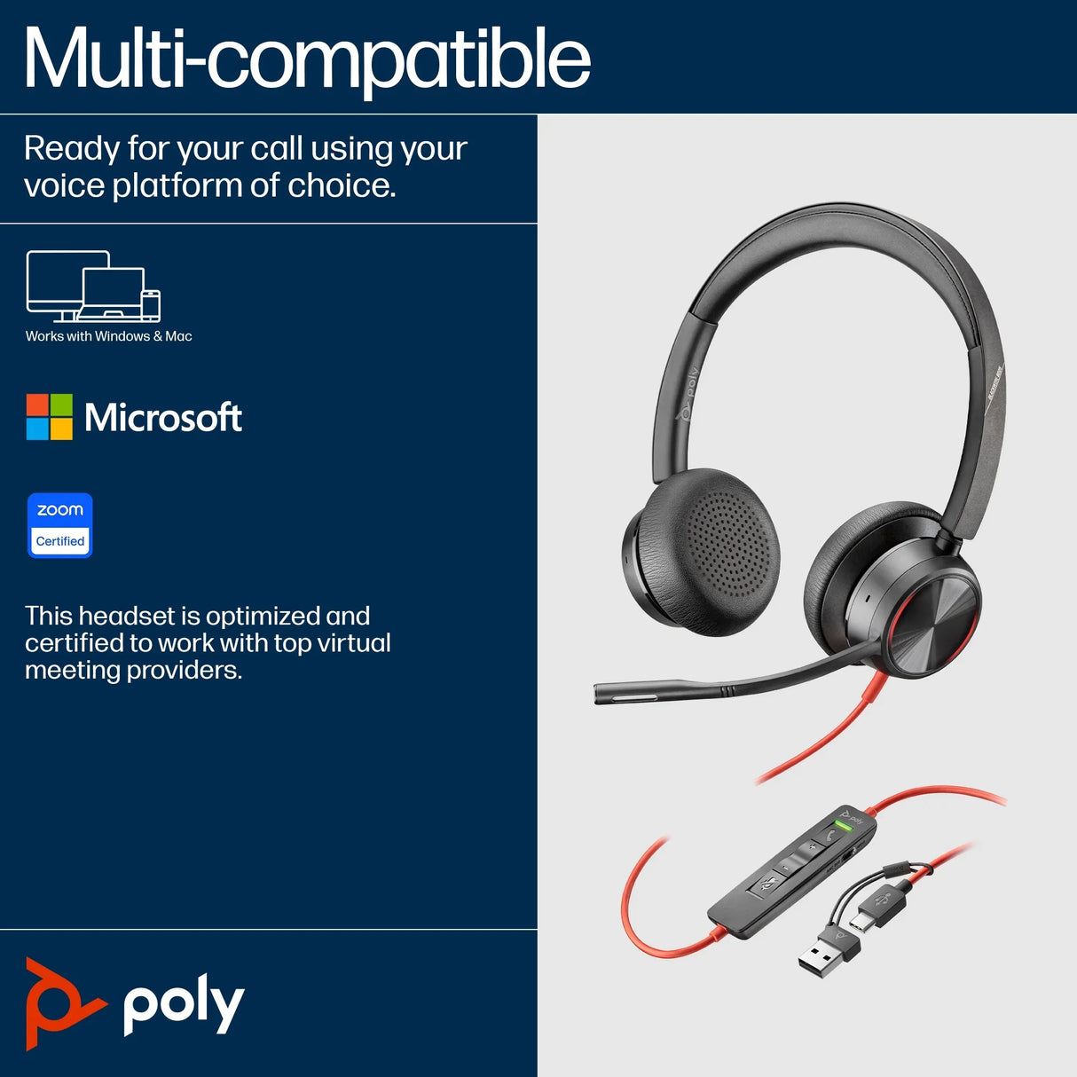 POLY Blackwire 8225 – Wired (USB-A) / Stereo / Office – On-Ear Headset with ANC