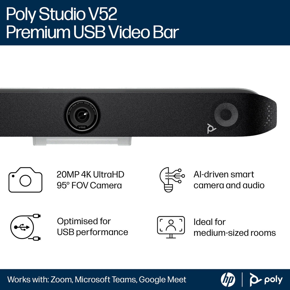 POLY Studio V52 – Full HD (1080p) / AI-powered Features – UC Video Bar