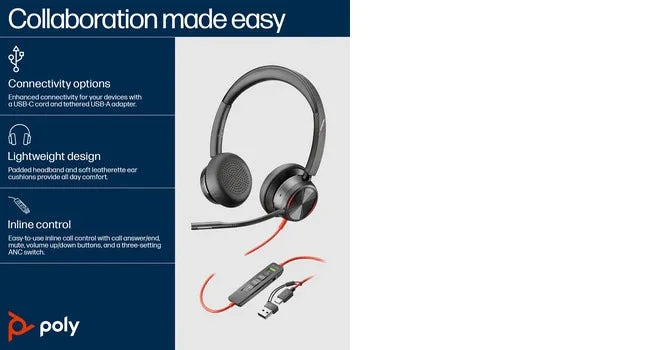 POLY Blackwire 8225 – Wired (USB-A) / Stereo / Office – On-Ear Headset with ANC