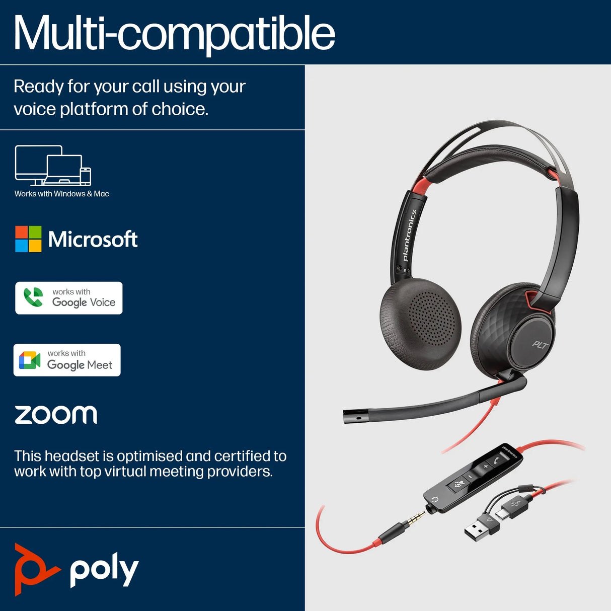 POLY Blackwire 5220 – Wired (USB-A) / Stereo / Office – On-Ear Headset