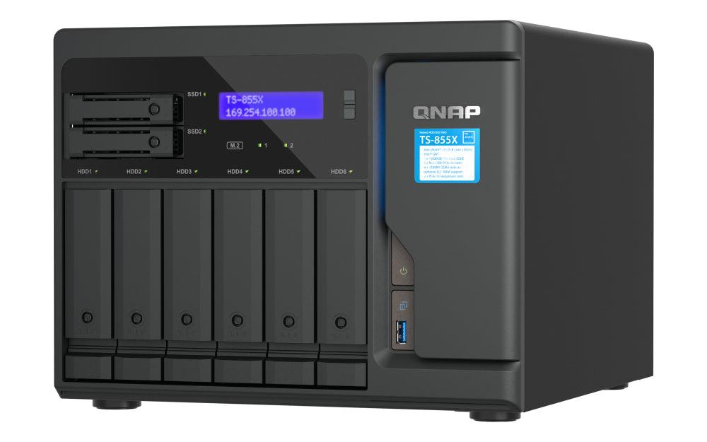 QNAP Intel Atom C5125 2.8 GHz | 8 GB UDIMM DDR4 | 5GB Flash | 6 x 3.5" + 2 x 2.5" | 2 x M.2 | 2 x 2.5Gb | 1 x 10 Gb | USB | 8.5 kg (TS-855X-8G)