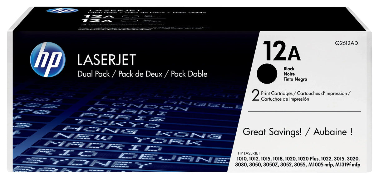HP 12A 2-pack Black Original LaserJet Toner Cartridges (Q2612AD)