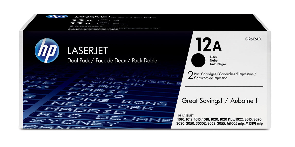 HP 12A 2-pack Black Original LaserJet Toner Cartridges (Q2612AD)