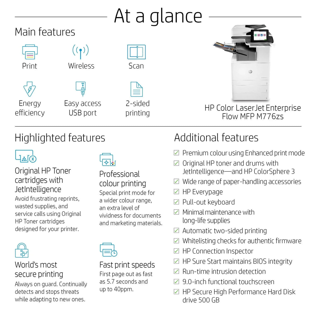 HP COLOR LASERJET ENTERPRISE FLOW MFP M776ZS – Print / Scan / Copy / Fax / Laser / Colour – High Speed Duplex MFP