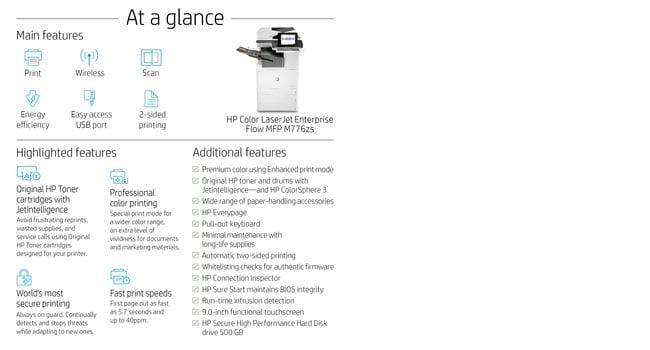 HP COLOR LASERJET ENTERPRISE FLOW MFP M776ZS – Print / Scan / Copy / Fax / Laser / Colour – High Speed Duplex MFP