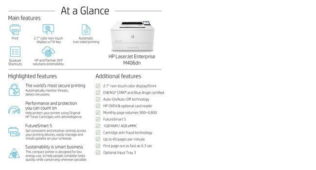 HP LASERJET ENTERPRISE M406DN – MONOCHROME LASER PRINTER – 40 PPM, ENTERPRISE SECURITY