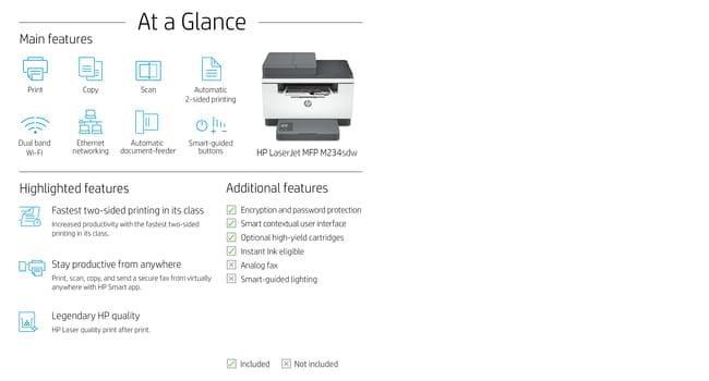 HP LASERJET MFP M234sdw – Print / Scan / Copy / Fax / Laser / Monochrome – Fast Duplex Wireless MFP