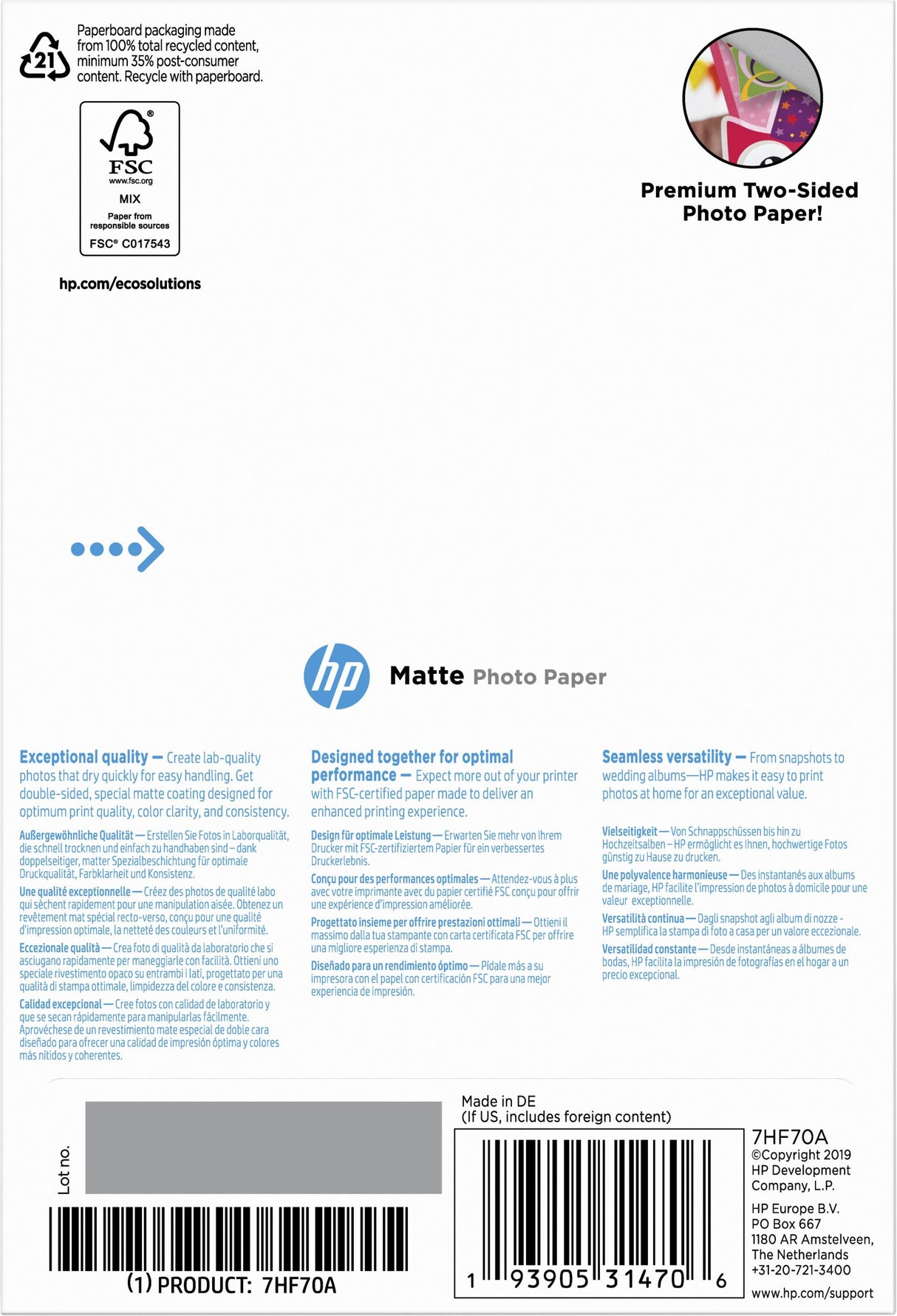 HP Matte Photo Paper | 180 g|m2 | 10 x 15 cm (101 x 152 mm) | 25 sheets (7HF70A)