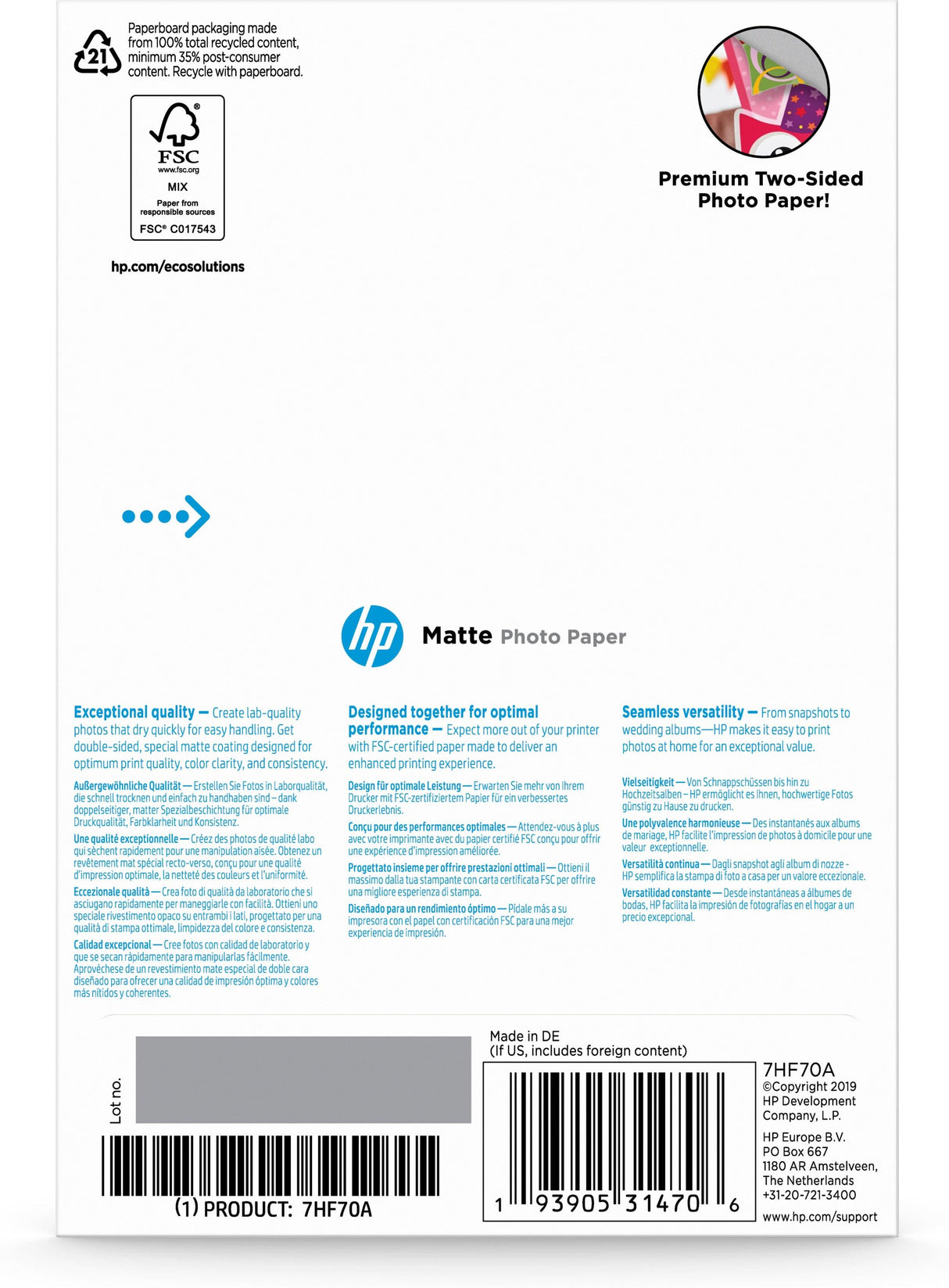HP Matte Photo Paper | 180 g|m2 | 10 x 15 cm (101 x 152 mm) | 25 sheets (7HF70A)