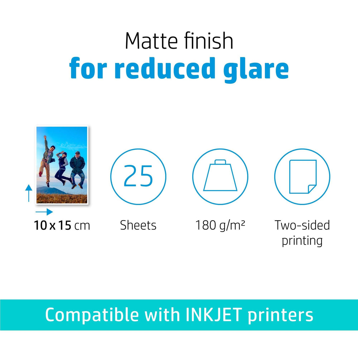 HP Matte Photo Paper | 180 g|m2 | 10 x 15 cm (101 x 152 mm) | 25 sheets (7HF70A)