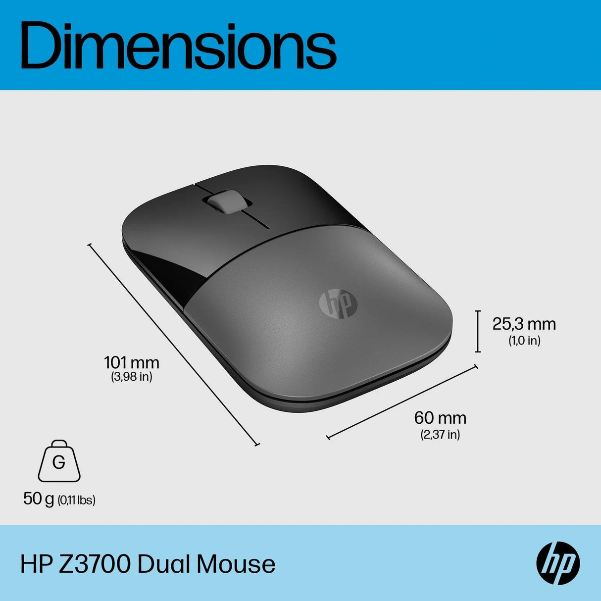 HP Z3700 – Wireless (Bluetooth + 2.4GHz) / 1200 DPI / Lightweight – Travel Wireless Mouse